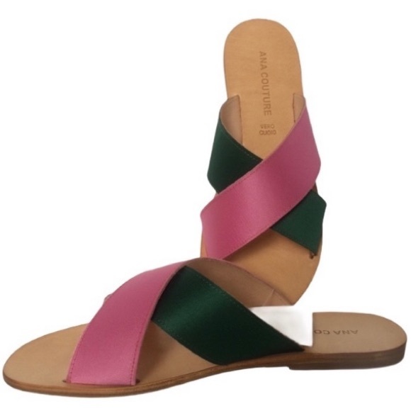 ANA COUTURE Pink&Green Flat Sandals - Picture 1 of 7